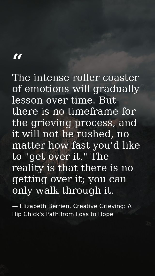 The intense roller coaster of emotions will gradually lesson over time. But there is no timeframe for the grieving proce — Elizabeth Berrien, Creative Grieving: A Hip Chick's Path from Loss to Hope