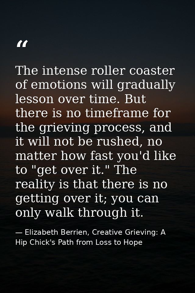 The intense roller coaster of emotions will gradually lesson over time. But there is no timeframe for the grieving proce — Elizabeth Berrien, Creative Grieving: A Hip Chick's Path from Loss to Hope