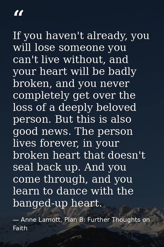If you haven't already, you will lose someone you can't live without, and your heart will be badly broken, and you never — Anne Lamott, Plan B: Further Thoughts on Faith