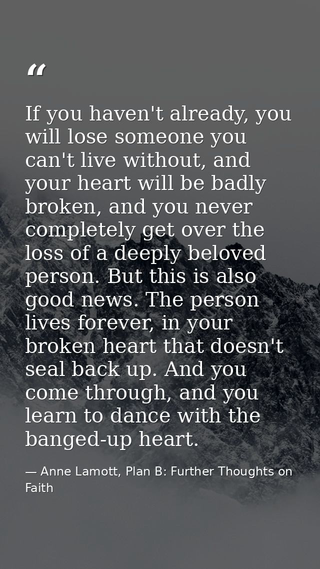 If you haven't already, you will lose someone you can't live without, and your heart will be badly broken, and you never — Anne Lamott, Plan B: Further Thoughts on Faith