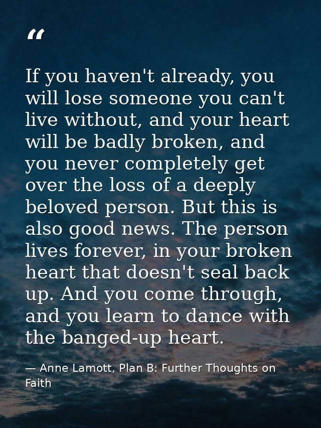 If you haven't already, you will lose someone you can't live without, and your heart will be badly broken, and you never — Anne Lamott, Plan B: Further Thoughts on Faith