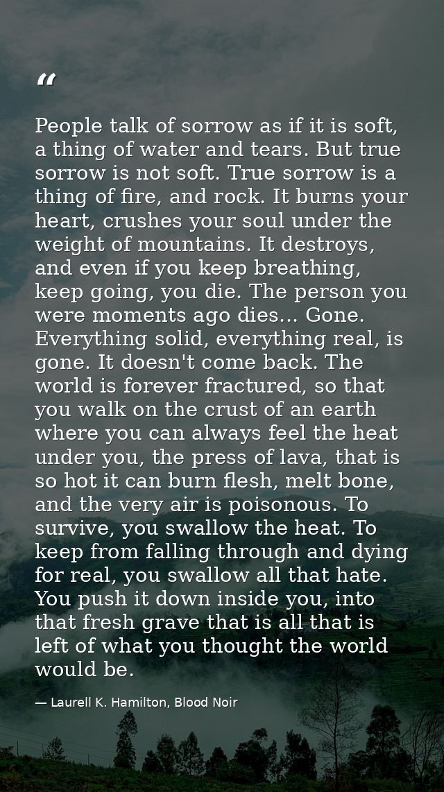 People talk of sorrow as if it is soft, a thing of water and tears. But true sorrow is not soft. True sorrow is a thing  — Laurell K. Hamilton, Blood Noir