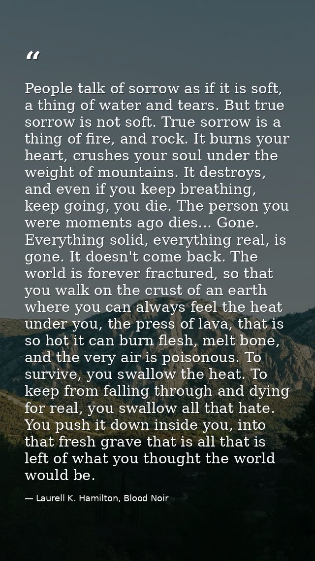 People talk of sorrow as if it is soft, a thing of water and tears. But true sorrow is not soft. True sorrow is a thing  — Laurell K. Hamilton, Blood Noir