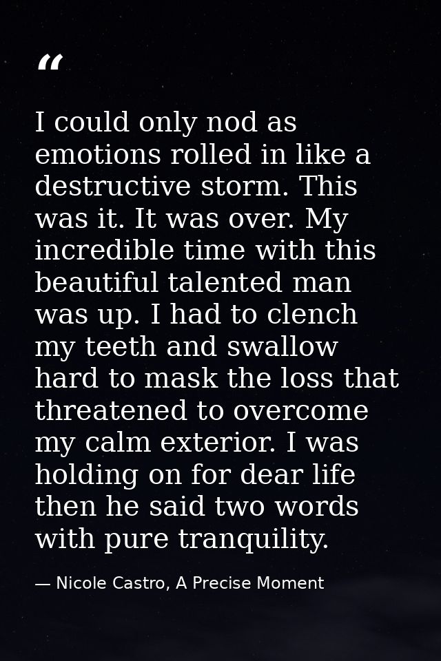 I could only nod as emotions rolled in like a destructive storm. This was it. It was over. My incredible time with this  — Nicole Castro, A Precise Moment