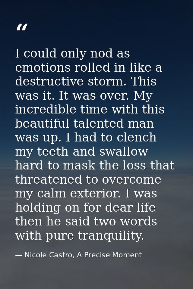 I could only nod as emotions rolled in like a destructive storm. This was it. It was over. My incredible time with this  — Nicole Castro, A Precise Moment