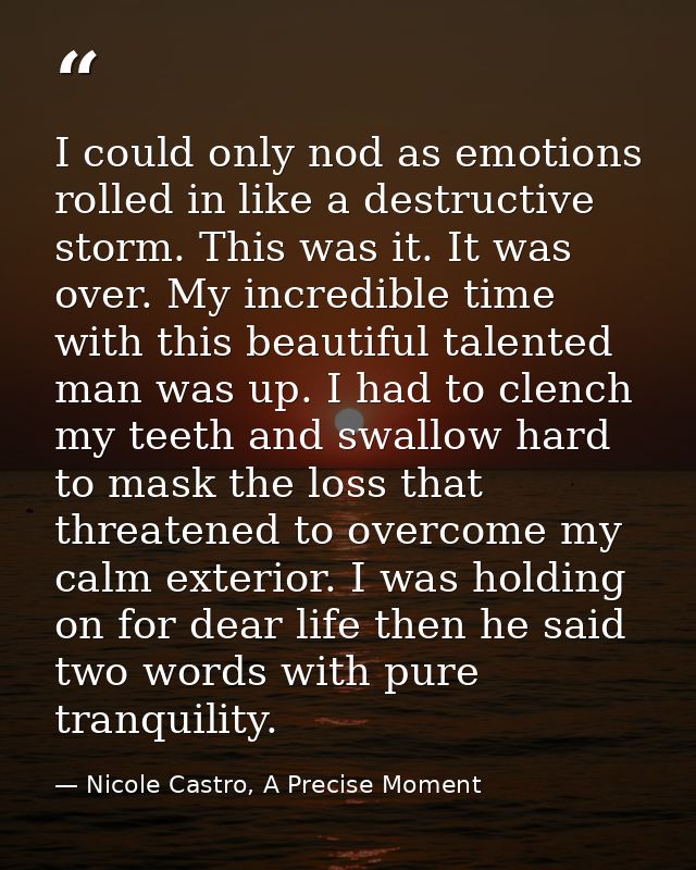 I could only nod as emotions rolled in like a destructive storm. This was it. It was over. My incredible time with this  — Nicole Castro, A Precise Moment