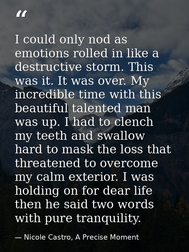 I could only nod as emotions rolled in like a destructive storm. This was it. It was over. My incredible time with this  — Nicole Castro, A Precise Moment