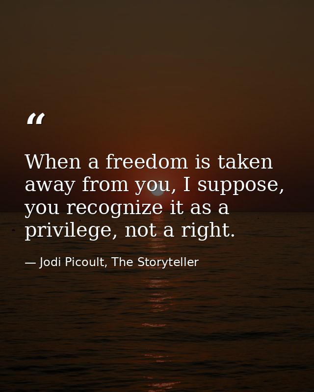 When a freedom is taken away from you, I suppose, you recognize it as a privilege, not a right. — Jodi Picoult, The Storyteller