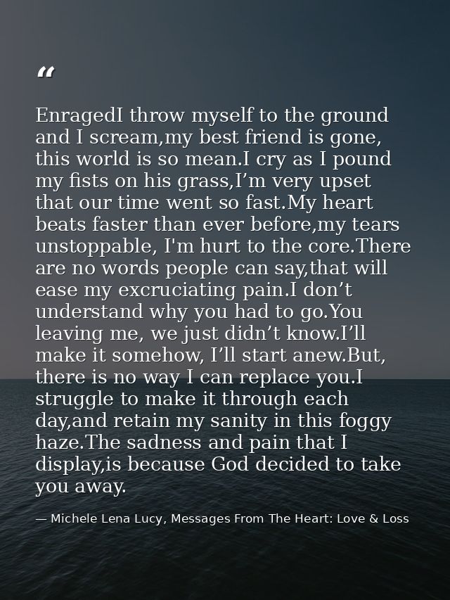 EnragedI throw myself to the ground and I scream,my best friend is gone, this world is so mean.I cry as I pound my fists — Michele Lena Lucy, Messages From The Heart: Love & Loss