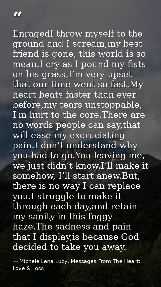 EnragedI throw myself to the ground and I scream,my best friend is gone, this world is so mean.I cry as I pound my fists — Michele Lena Lucy, Messages From The Heart: Love & Loss