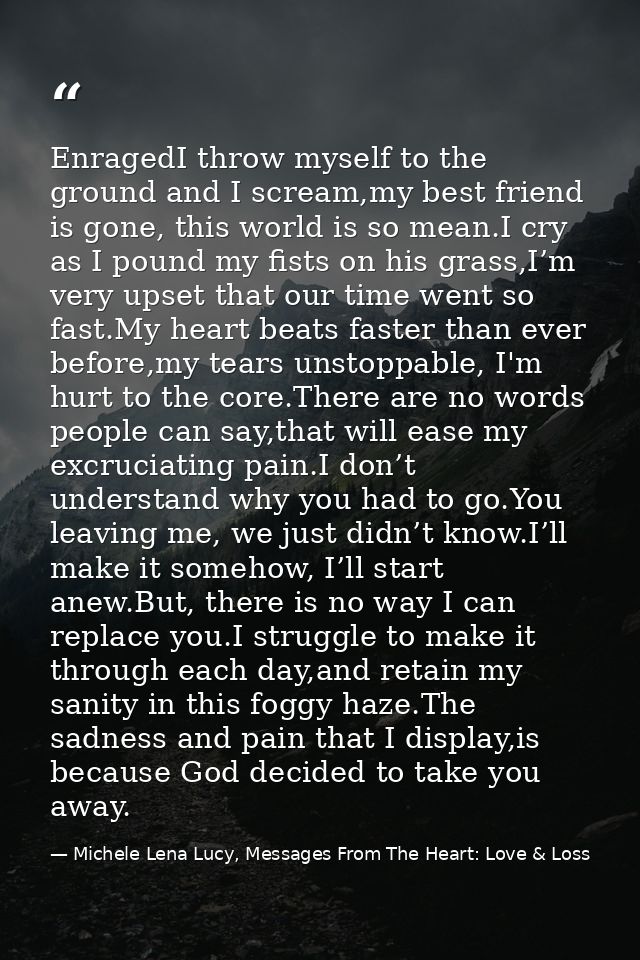 EnragedI throw myself to the ground and I scream,my best friend is gone, this world is so mean.I cry as I pound my fists — Michele Lena Lucy, Messages From The Heart: Love & Loss