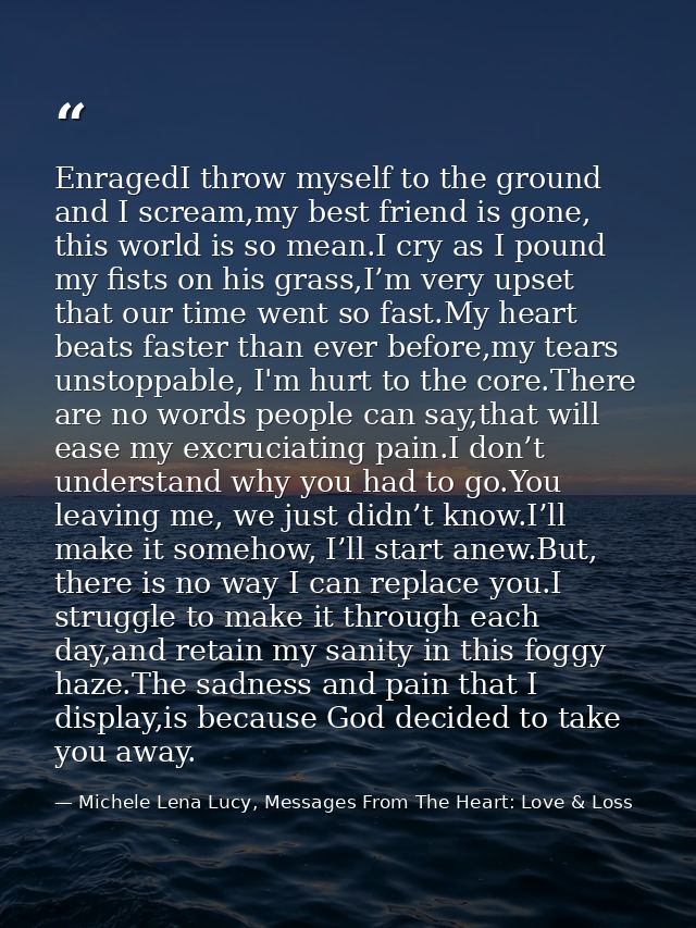 EnragedI throw myself to the ground and I scream,my best friend is gone, this world is so mean.I cry as I pound my fists — Michele Lena Lucy, Messages From The Heart: Love & Loss