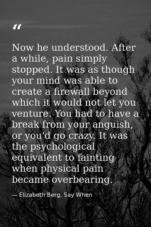 Now he understood. After a while, pain simply stopped. It was as though your mind was able to create a firewall beyond w — Elizabeth Berg, Say When