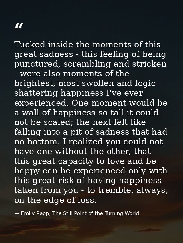 Tucked inside the moments of this great sadness - this feeling of being punctured, scrambling and stricken - were also m — Emily Rapp, The Still Point of the Turning World