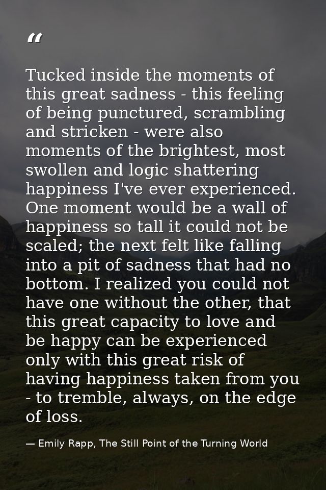 Tucked inside the moments of this great sadness - this feeling of being punctured, scrambling and stricken - were also m — Emily Rapp, The Still Point of the Turning World