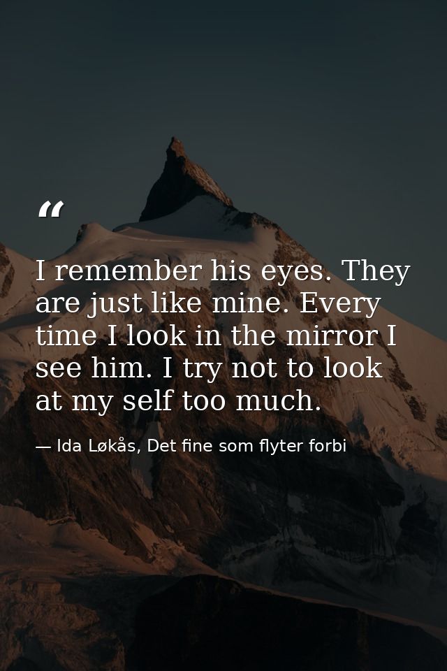 I remember his eyes. They are just like mine. Every time I look in the mirror I see him. I try not to look at my self to — Ida Løkås, Det fine som flyter forbi