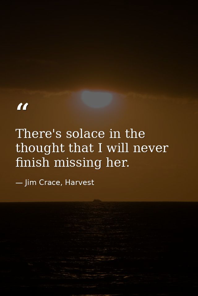 There's solace in the thought that I will never finish missing her. — Jim Crace, Harvest