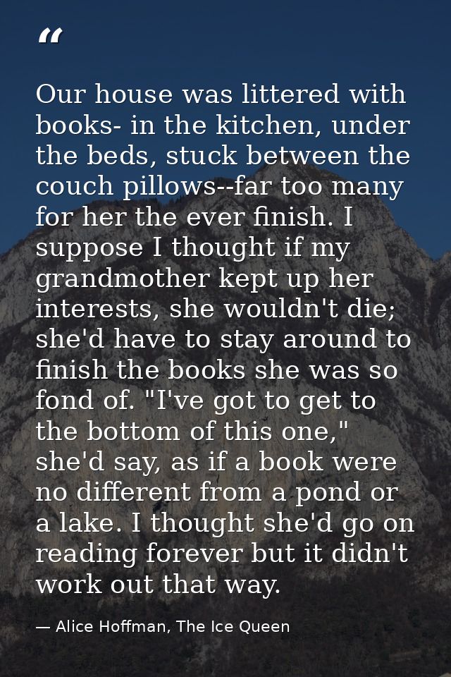 Our house was littered with books- in the kitchen, under the beds, stuck between the couch pillows--far too many for her — Alice Hoffman, The Ice Queen