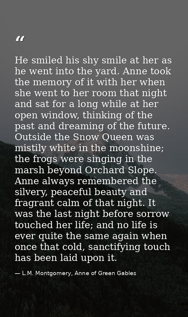 He smiled his shy smile at her as he went into the yard. Anne took the memory of it with her when she went to her room t — L.M. Montgomery, Anne of Green Gables