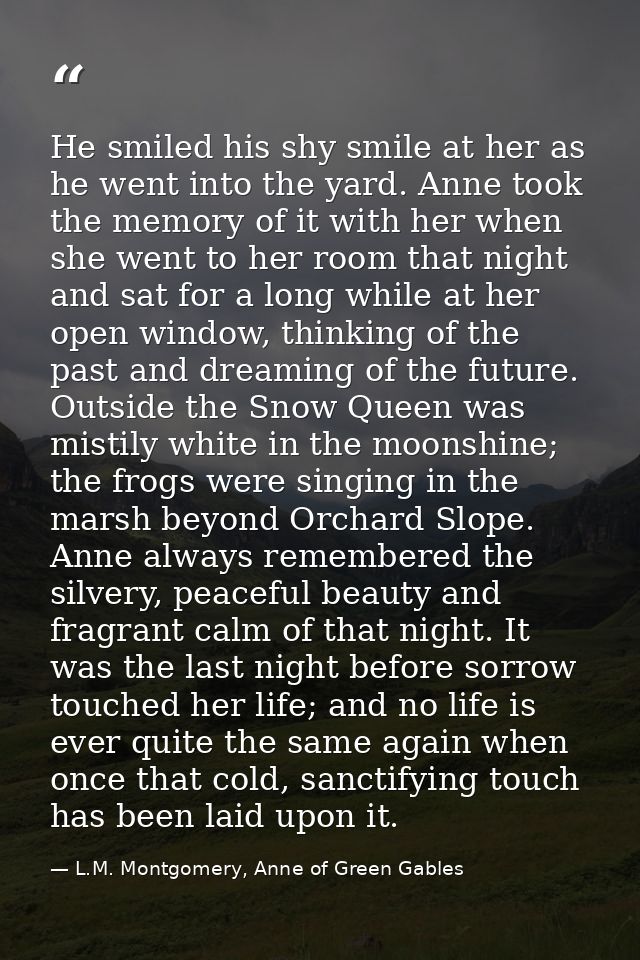 He smiled his shy smile at her as he went into the yard. Anne took the memory of it with her when she went to her room t — L.M. Montgomery, Anne of Green Gables