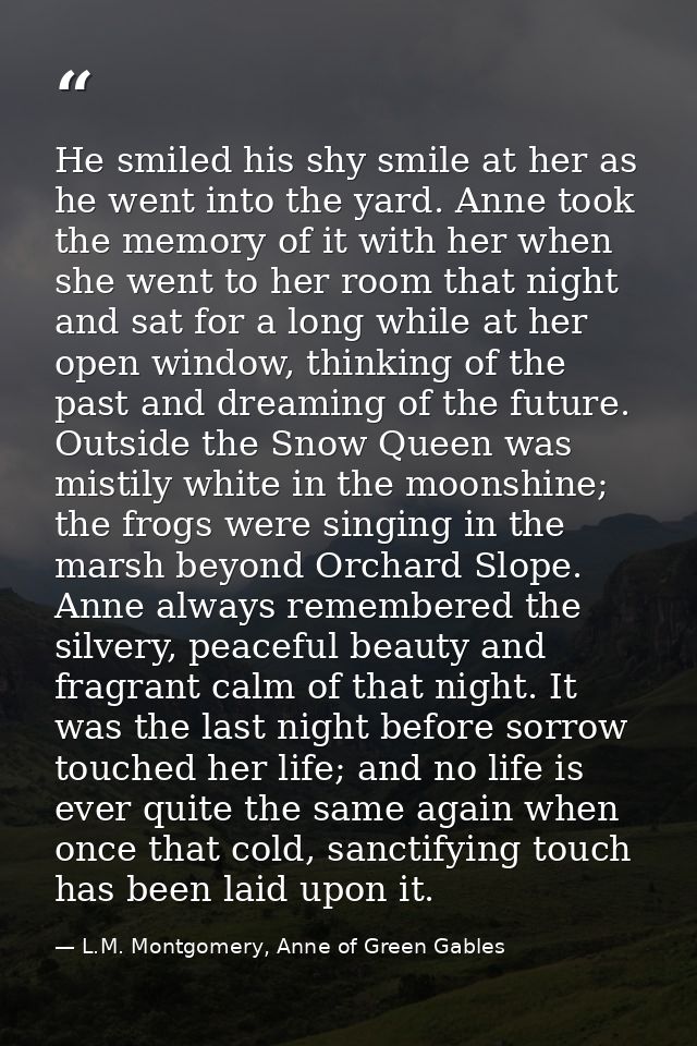 He smiled his shy smile at her as he went into the yard. Anne took the memory of it with her when she went to her room t — L.M. Montgomery, Anne of Green Gables