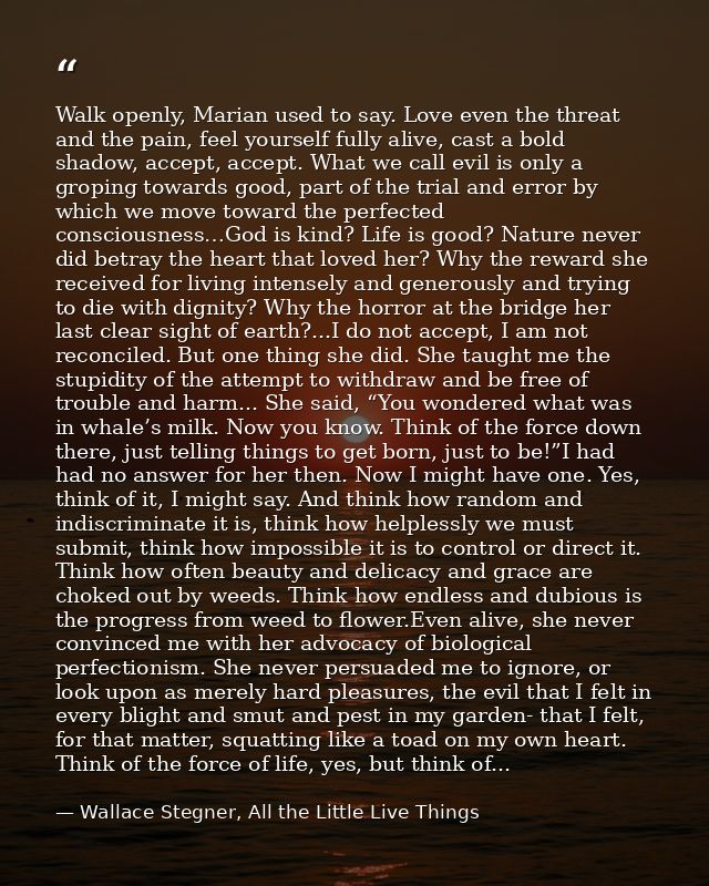 Walk openly, Marian used to say. Love even the threat and the pain, feel yourself fully alive, cast a bold shadow, accep — Wallace Stegner, All the Little Live Things