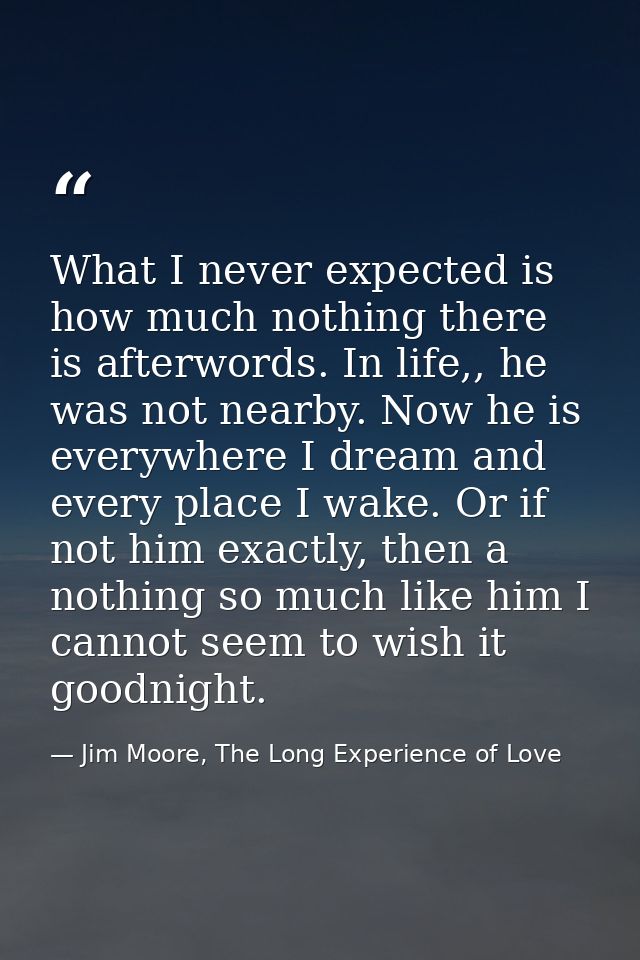 What I never expected is how much nothing there is afterwords. In life,, he was not nearby. Now he is everywhere I dream — Jim Moore, The Long Experience of Love