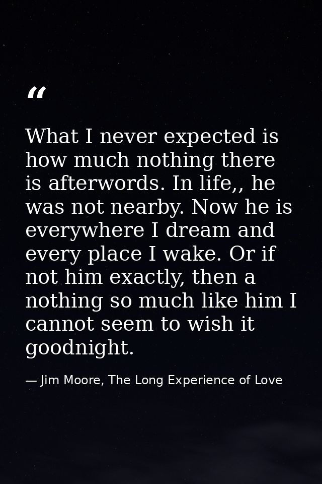 What I never expected is how much nothing there is afterwords. In life,, he was not nearby. Now he is everywhere I dream — Jim Moore, The Long Experience of Love