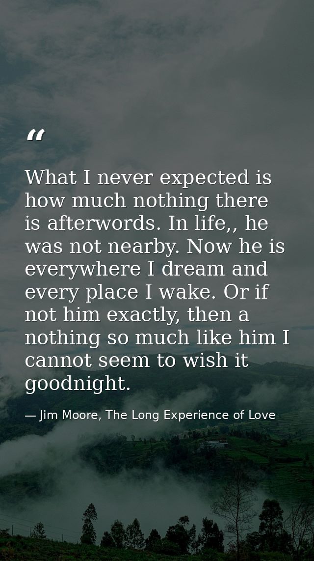 What I never expected is how much nothing there is afterwords. In life,, he was not nearby. Now he is everywhere I dream — Jim Moore, The Long Experience of Love