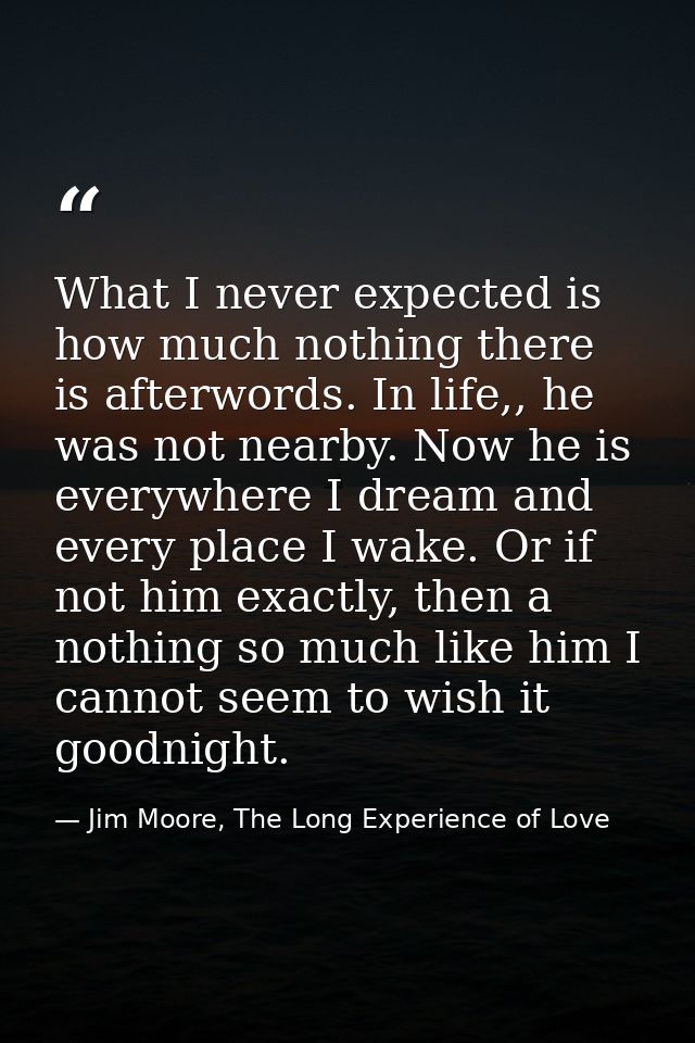What I never expected is how much nothing there is afterwords. In life,, he was not nearby. Now he is everywhere I dream — Jim Moore, The Long Experience of Love
