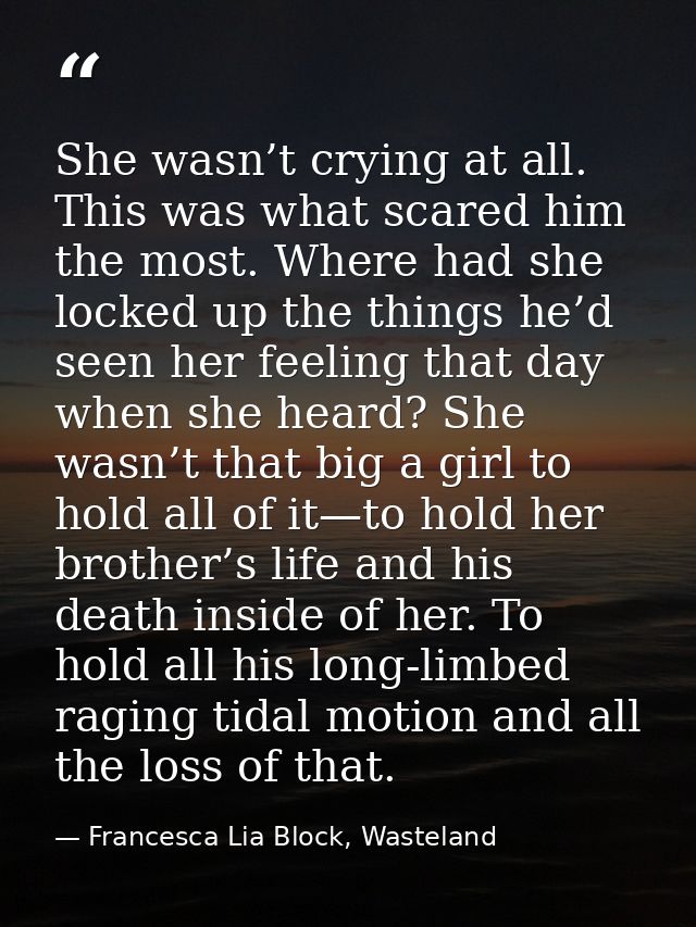 She wasn’t crying at all. This was what scared him the most. Where had she locked up the things he’d seen her feeling th — Francesca Lia Block, Wasteland
