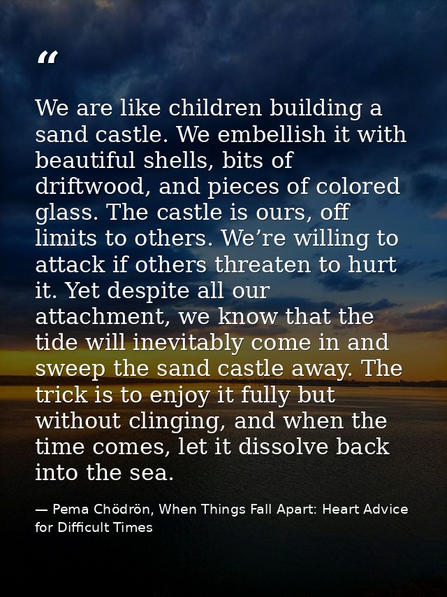 We are like children building a sand castle. We embellish it with beautiful shells, bits of driftwood, and pieces of col — Pema Chödrön, When Things Fall Apart: Heart Advice for Difficult Times