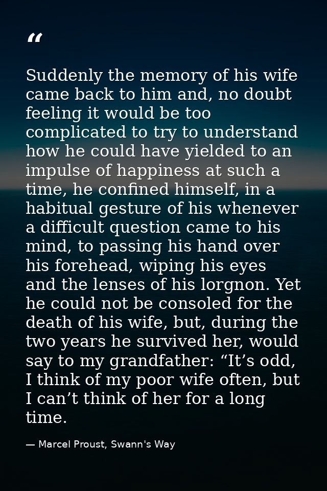 Suddenly the memory of his wife came back to him and, no doubt feeling it would be too complicated to try to understand  — Marcel Proust, Swann's Way