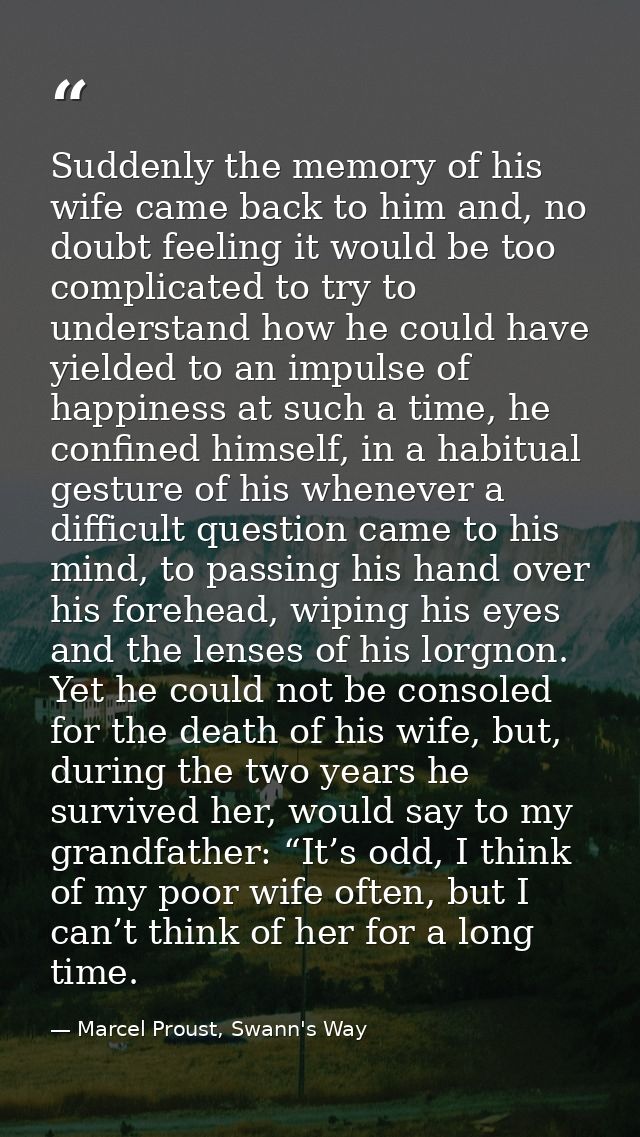 Suddenly the memory of his wife came back to him and, no doubt feeling it would be too complicated to try to understand  — Marcel Proust, Swann's Way