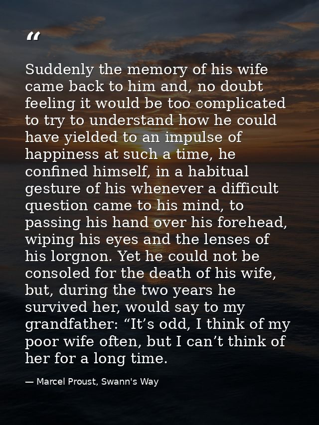 Suddenly the memory of his wife came back to him and, no doubt feeling it would be too complicated to try to understand  — Marcel Proust, Swann's Way