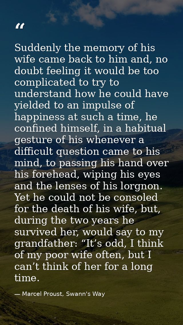 Suddenly the memory of his wife came back to him and, no doubt feeling it would be too complicated to try to understand  — Marcel Proust, Swann's Way