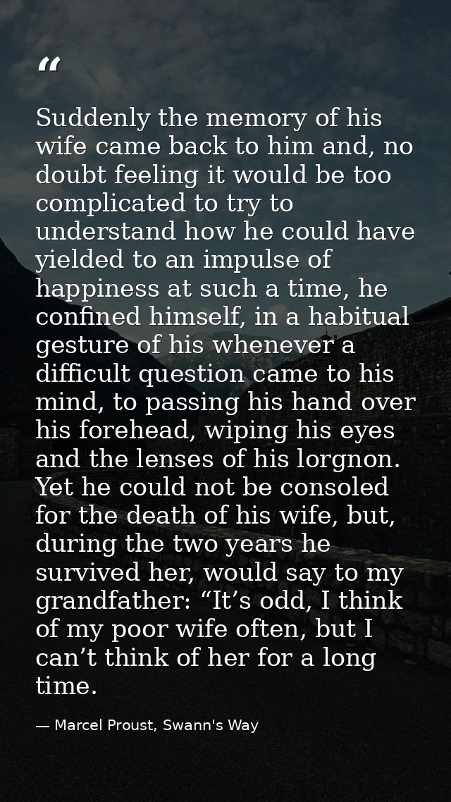 Suddenly the memory of his wife came back to him and, no doubt feeling it would be too complicated to try to understand  — Marcel Proust, Swann's Way