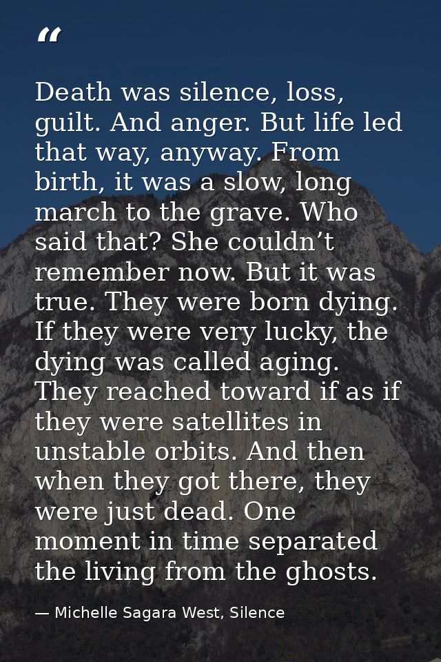 Death was silence, loss, guilt. And anger. But life led that way, anyway. From birth, it was a slow, long march to the g — Michelle Sagara West, Silence