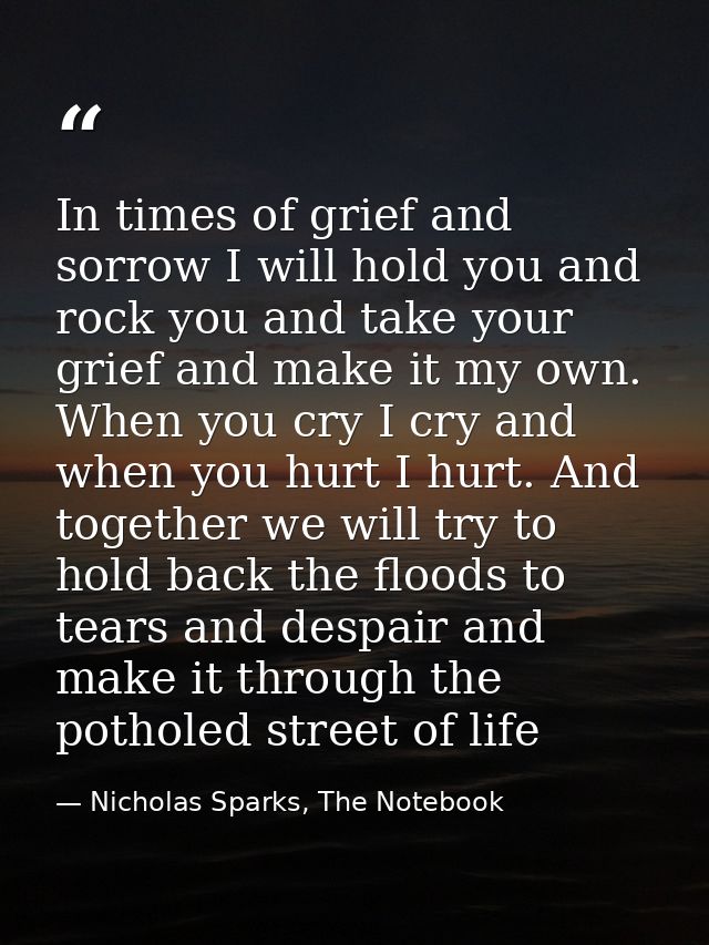 In times of grief and sorrow I will hold you and rock you and take your grief and make it my own. When you cry I cry and — Nicholas Sparks, The Notebook
