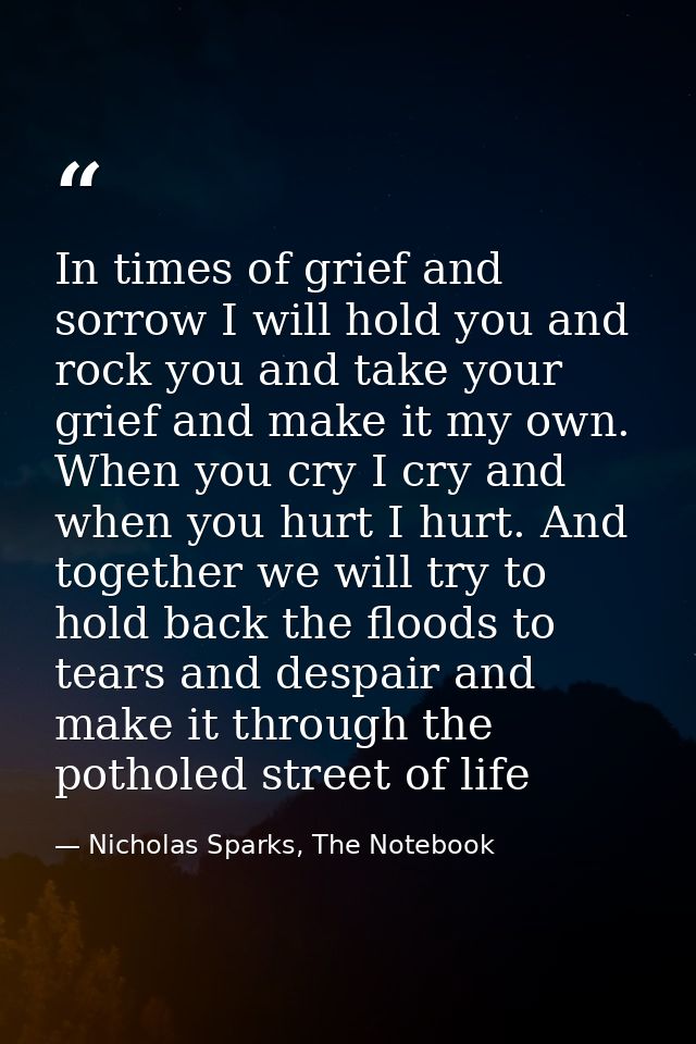 In times of grief and sorrow I will hold you and rock you and take your grief and make it my own. When you cry I cry and — Nicholas Sparks, The Notebook
