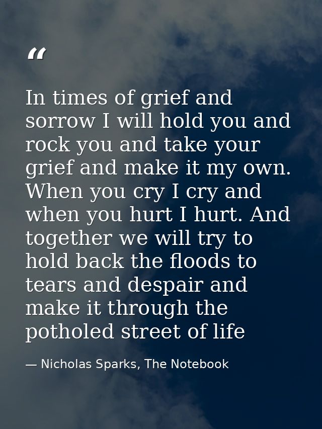 In times of grief and sorrow I will hold you and rock you and take your grief and make it my own. When you cry I cry and — Nicholas Sparks, The Notebook