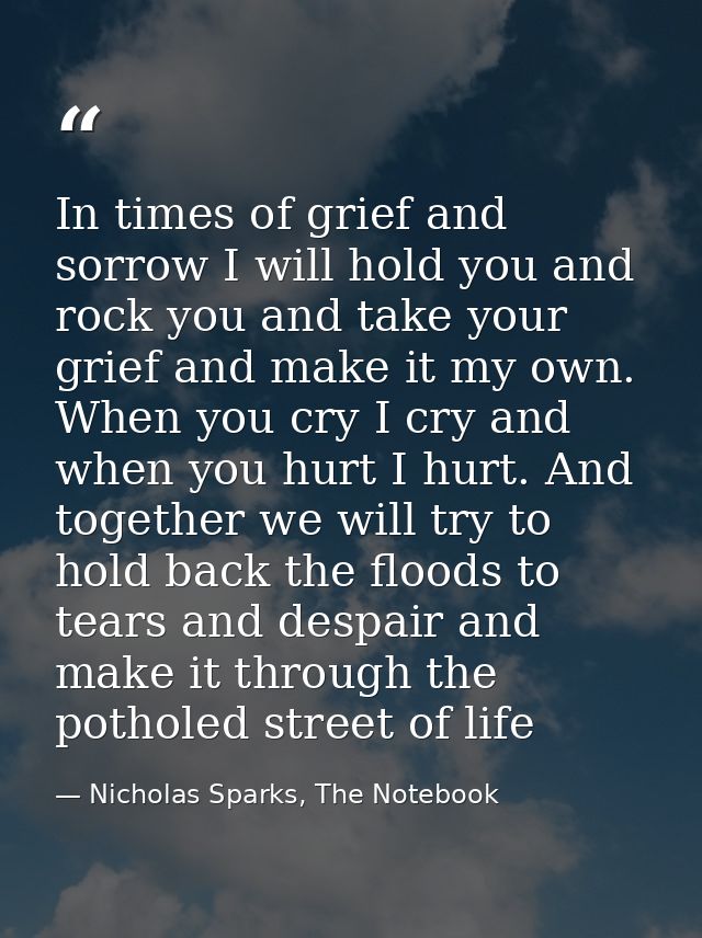 In times of grief and sorrow I will hold you and rock you and take your grief and make it my own. When you cry I cry and — Nicholas Sparks, The Notebook