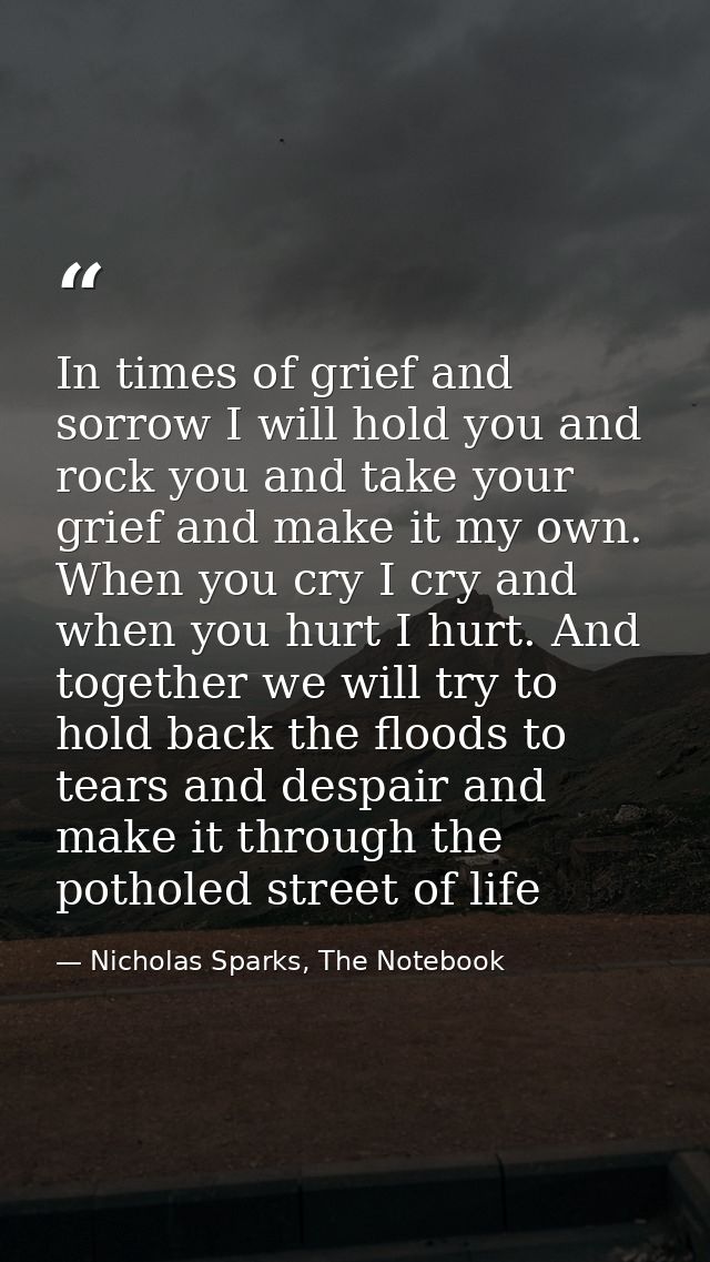 In times of grief and sorrow I will hold you and rock you and take your grief and make it my own. When you cry I cry and — Nicholas Sparks, The Notebook