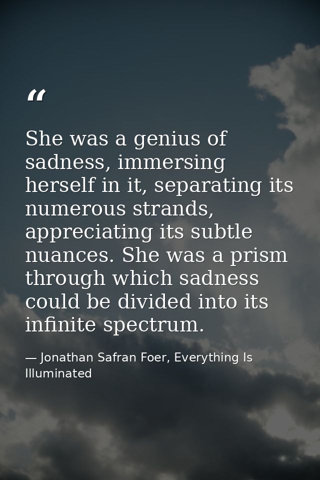 She was a genius of sadness, immersing herself in it, separating its numerous strands, appreciating its subtle nuances.  — Jonathan Safran Foer, Everything Is Illuminated