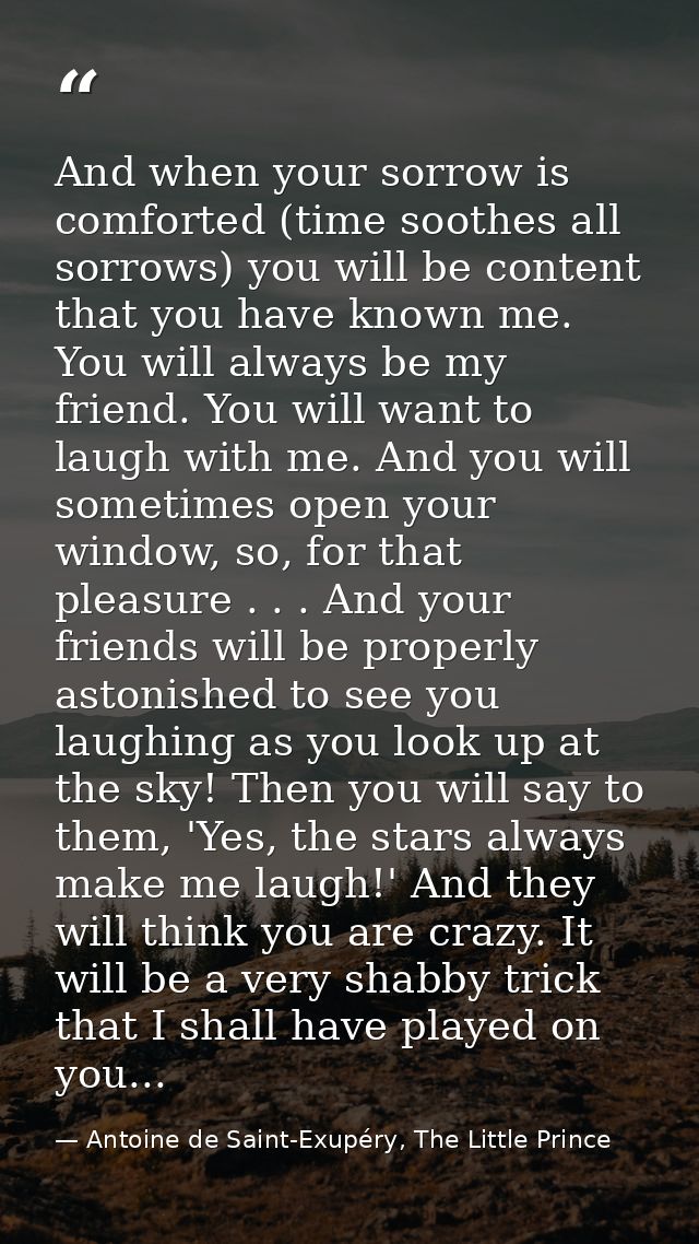 And when your sorrow is comforted (time soothes all sorrows) you will be content that you have known me. You will always — Antoine de Saint-Exupéry, The Little Prince