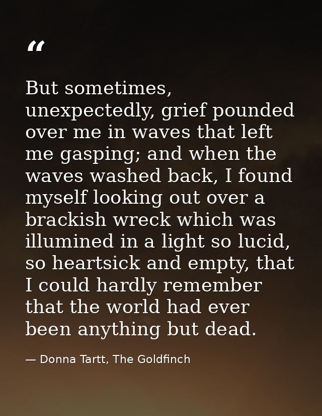But sometimes, unexpectedly, grief pounded over me in waves that left me gasping; and when the waves washed back, I foun — Donna Tartt, The Goldfinch