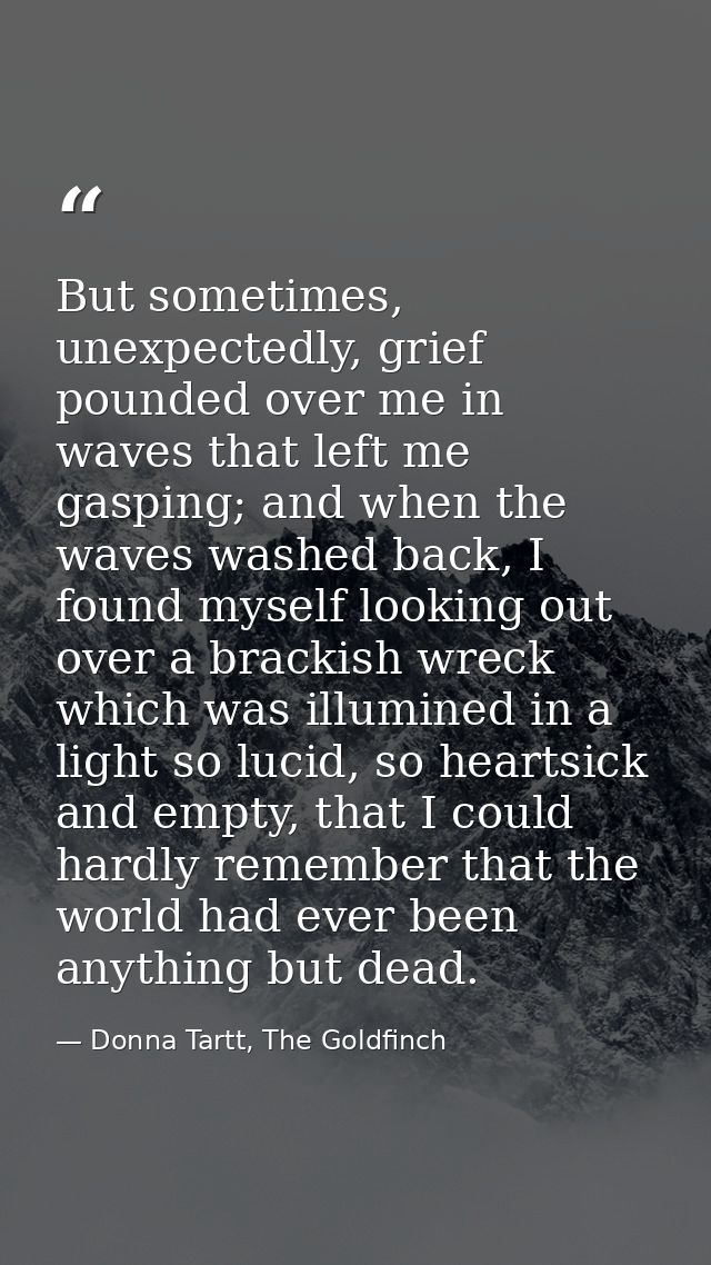 But sometimes, unexpectedly, grief pounded over me in waves that left me gasping; and when the waves washed back, I foun — Donna Tartt, The Goldfinch