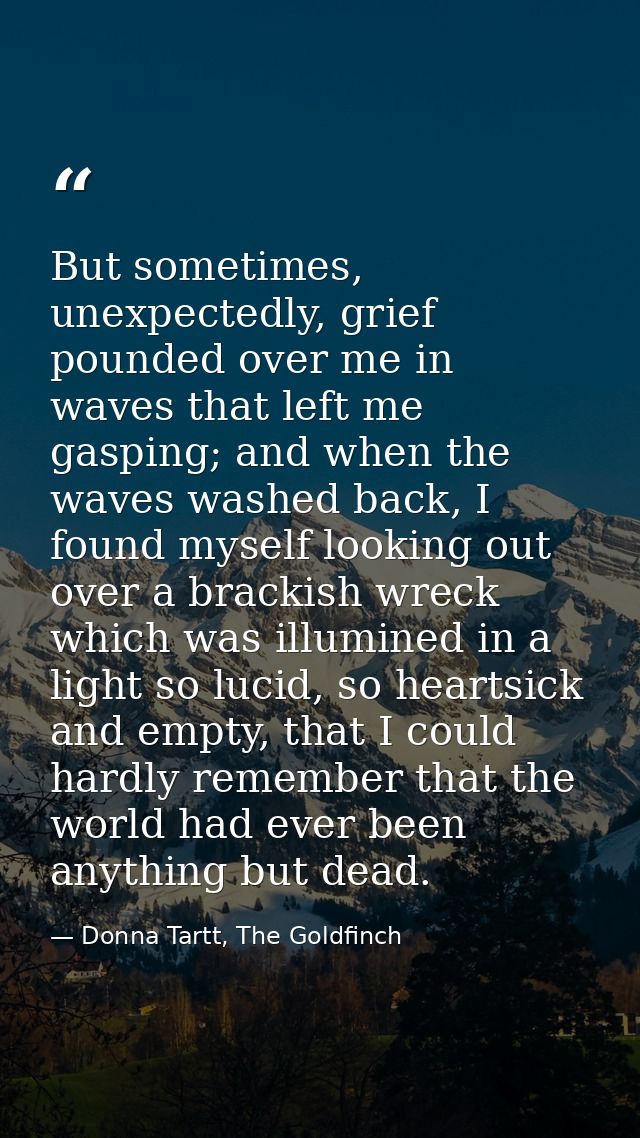 But sometimes, unexpectedly, grief pounded over me in waves that left me gasping; and when the waves washed back, I foun — Donna Tartt, The Goldfinch