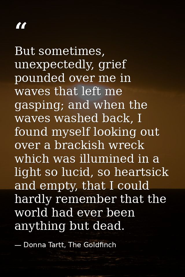 But sometimes, unexpectedly, grief pounded over me in waves that left me gasping; and when the waves washed back, I foun — Donna Tartt, The Goldfinch
