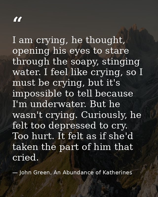 I am crying, he thought, opening his eyes to stare through the soapy, stinging water. I feel like crying, so I must be c — John Green, An Abundance of Katherines